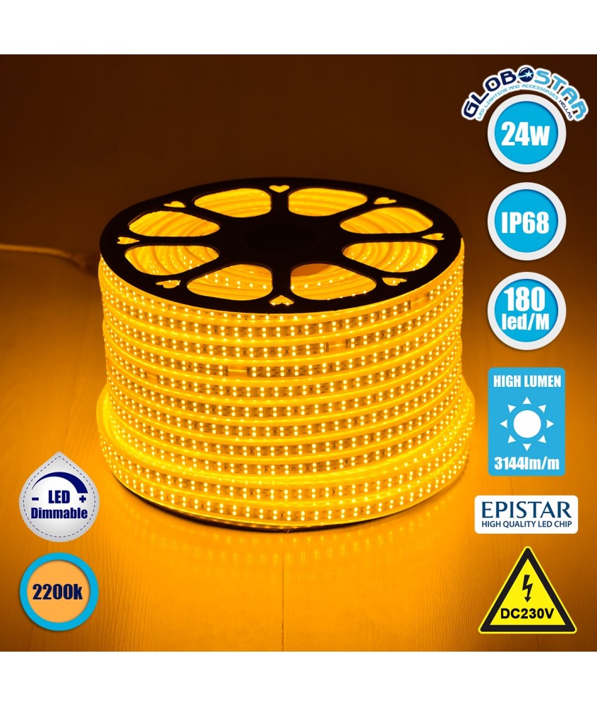GLOBOSTAR® EPIWIDE 70513 Ταινία LED 24W-m 2040lm-m 120° DC 220-240V Αδιάβροχη IP65 180 x SMD2835 Chip-m Ultra Θερμό Λευκό 2200K Dimmable - Epistar SMD Chip - M100 x Π1.6 x Υ0.7cm - 3 Χρόνια Εγγύηση